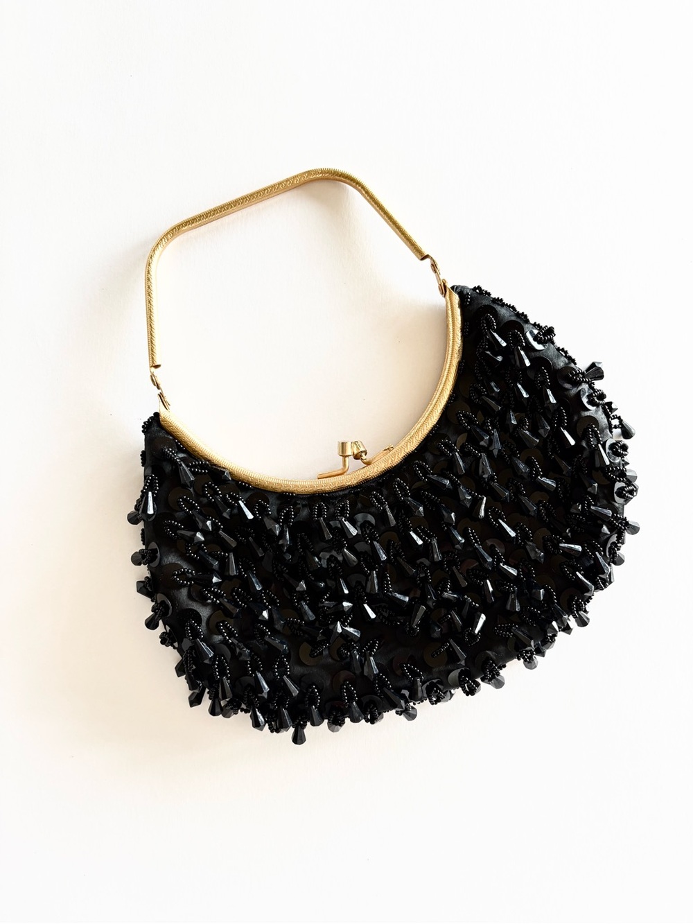 Vintage Black Beaded Evening Bag Embossed Gold Hardware MCM La Regale